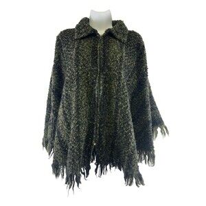 Branigan Weavers Wool Cape Poncho Sweater Full Zip Green Black Striped One Size